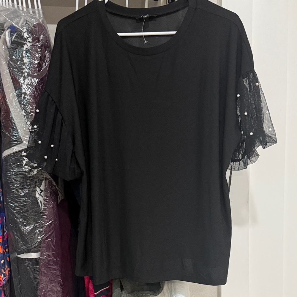 AUW Black Blouse with Sheer Pearl Sleeves